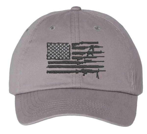 baseball cap with embroidered American flag composed of rifles