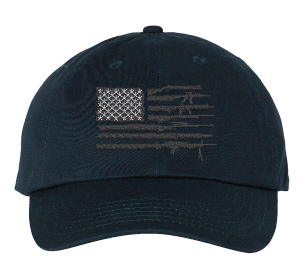 baseball cap with embroidered American flag composed of rifles