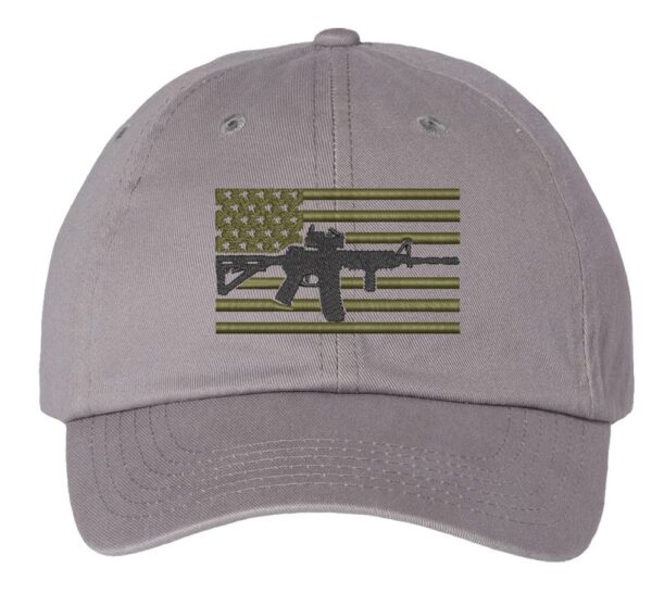 baseball hat with embroidered American Flag and AR15 across it