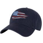 Distressed American flag baseball cap with embroidered red, white, and blue flag