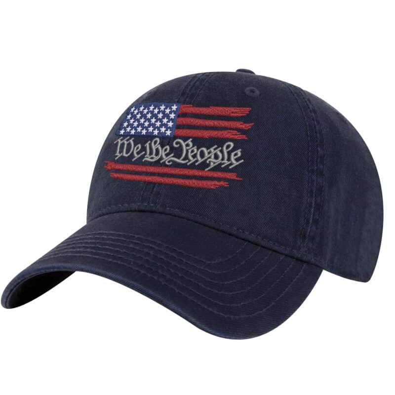 17A-NVY-Navy_We_The_People_Flag_Baseball_Cap We The People cap featuring distressed American flag embroidery on a patriotic baseball hat