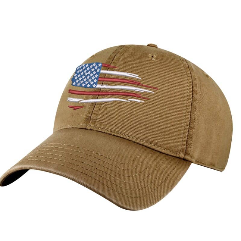 Distressed American Flag Dad Hat with red, white, and blue embroidery