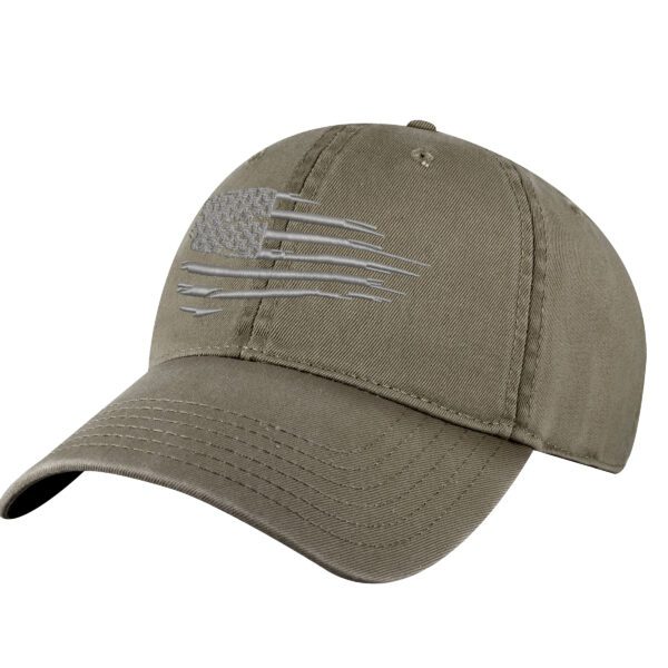 Distressed black baseball cap with silver embroidered American flag on front