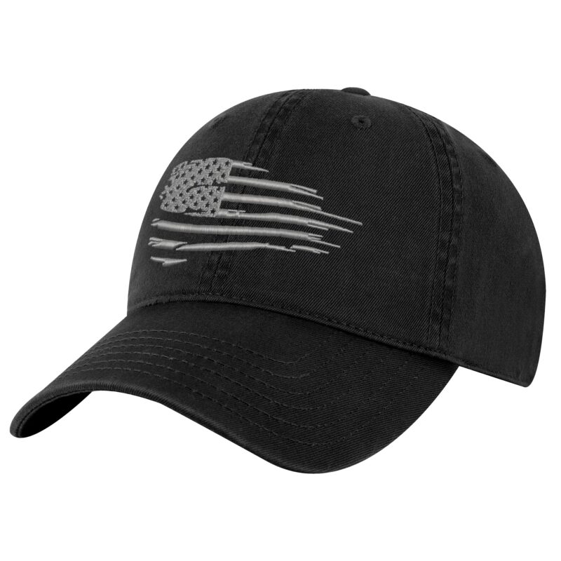 Distressed silver American flag hat with silver embroidery and adjustable strapback