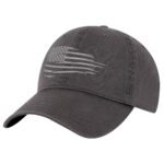 Distressed black baseball cap with silver embroidered American flag on front