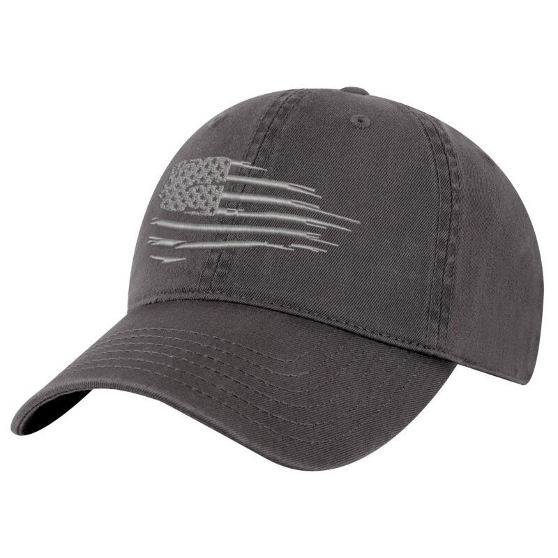 Distressed black baseball cap with silver embroidered American flag on front