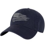 Distressed black baseball cap with silver embroidered American flag on front