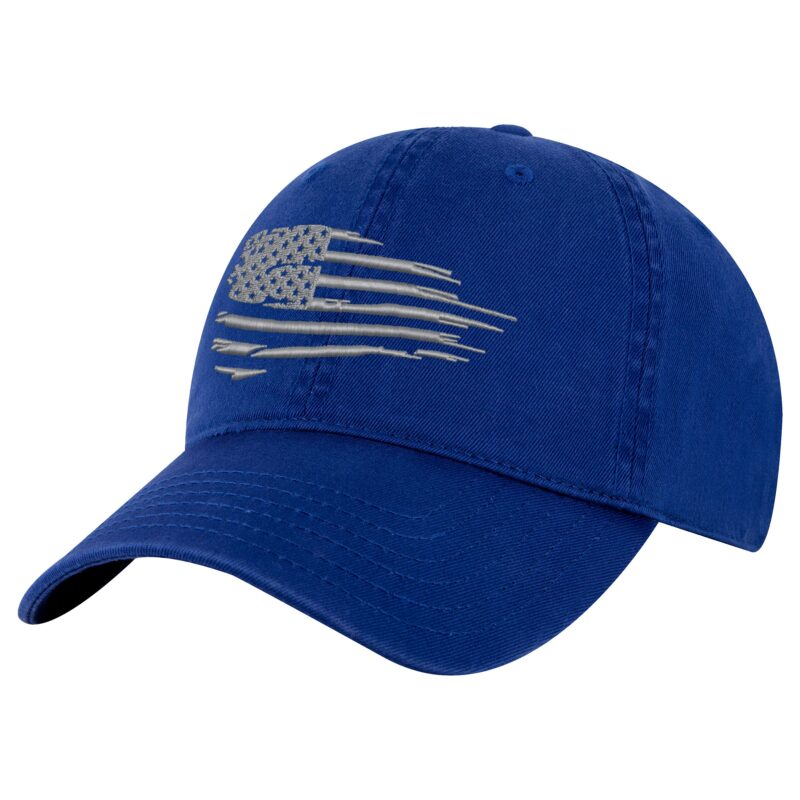 Distressed black baseball cap with silver embroidered American flag on front