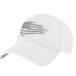 Distressed black baseball cap with silver embroidered American flag on front