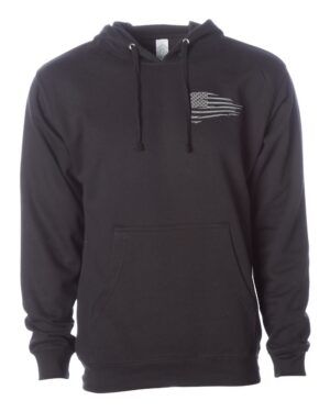 Front view of American Flag Hoodie with silver embroidered flag