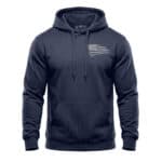 Navy blue hoodie with American flag graphic on chest, casual and patriotic style.