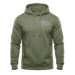 Green hoodie with distressed American flag design on chest.