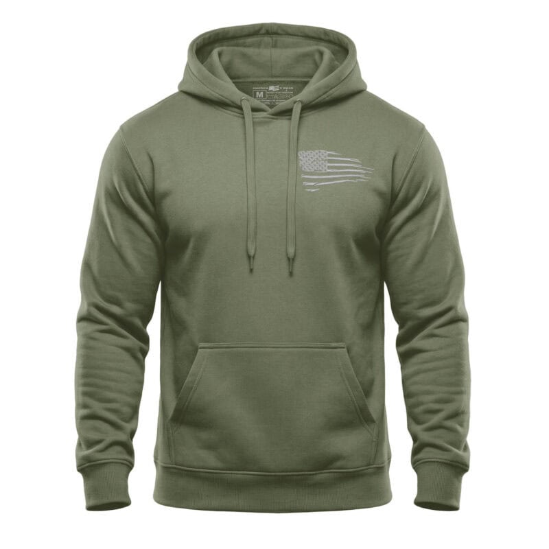 Green hoodie with distressed American flag design on chest.