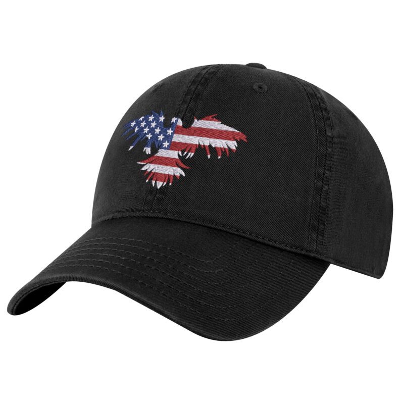 20A-BLK-Black_USA_Flag_Eagle_Logo_Baseball_Cap American Eagle Flag Hat featuring embroidered eagle and USA flag design on a patriotic baseball cap