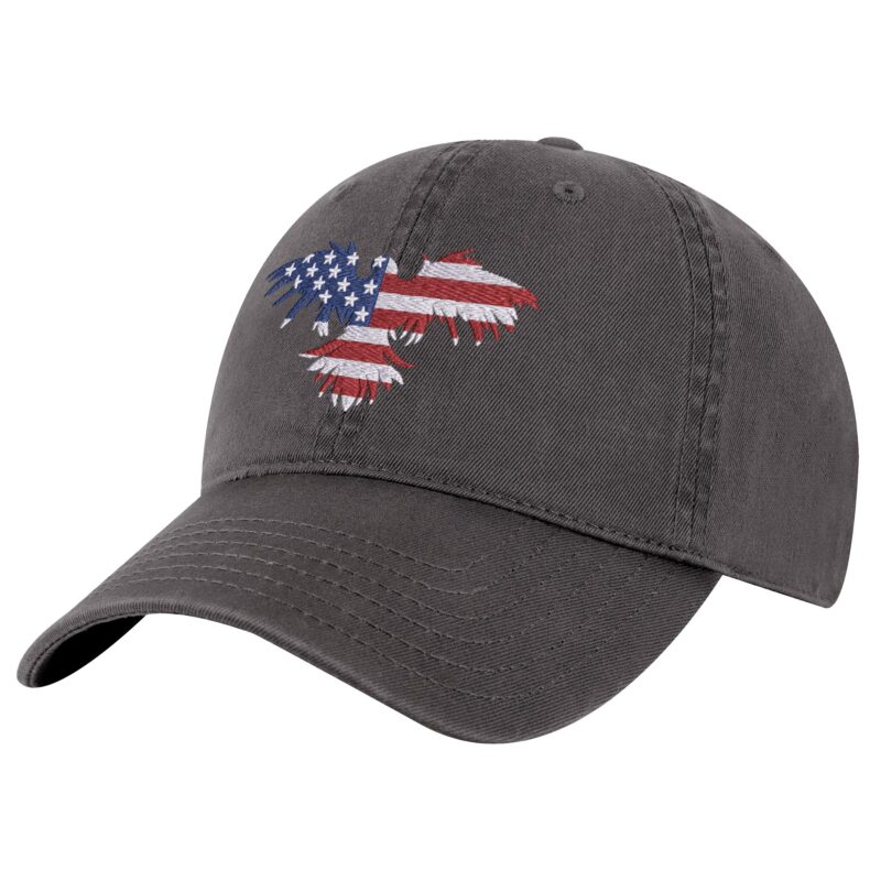Embroidered American eagle hat with U.S. flag design on front of black baseball cap