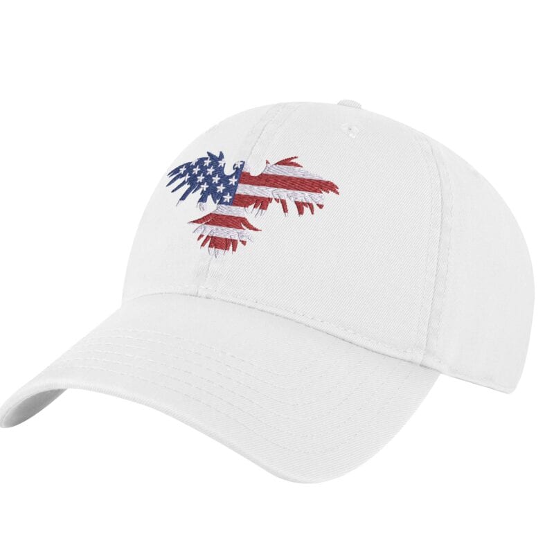 Embroidered American eagle hat with U.S. flag design on front of black baseball cap