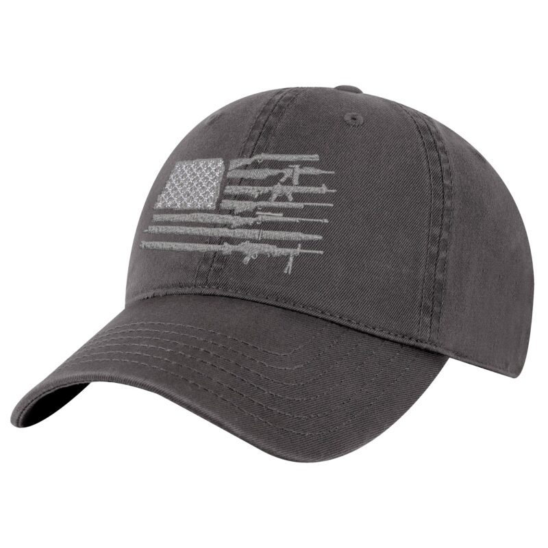 30A-CHR-Charcoal_Rifle_American_Flag_2nd_Amendment_Baseball_Cap 2nd Amendment hat with embroidered rifles forming American flag stripes – patriotic baseball cap