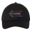 Image shows a baseball cap with embroidered Air Force airplanes and Navy aircrafts design, against a backdrop of red, white, and blue trails in the sky.
