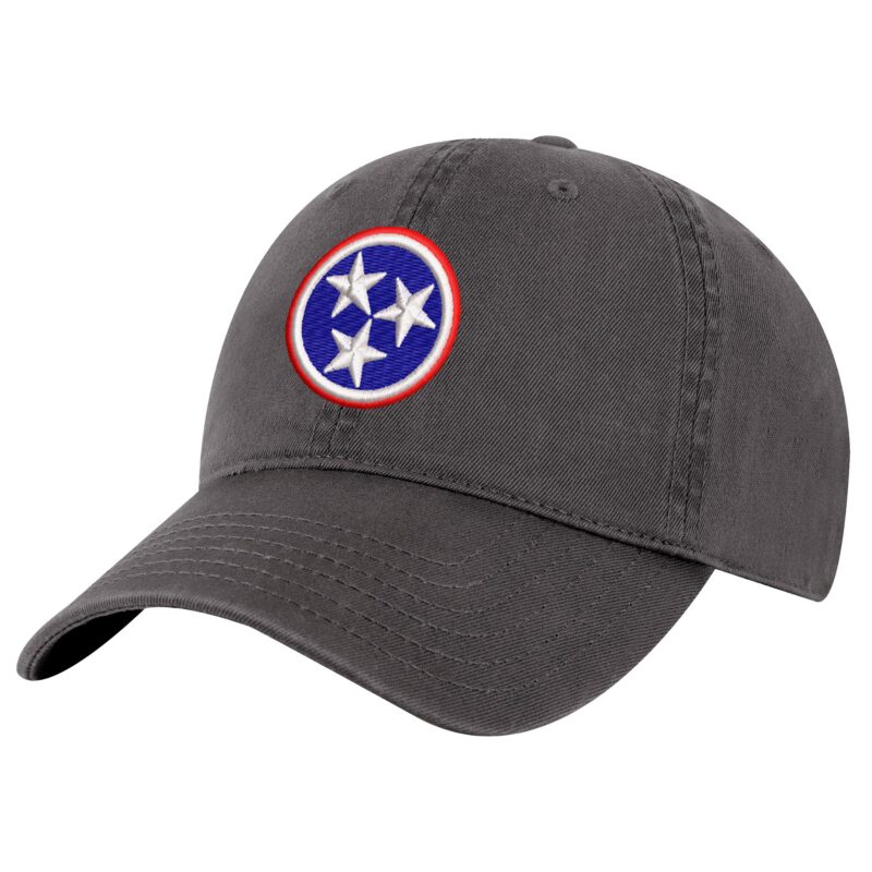 64A-CHR-Charcoal_Tennessee_Flag_Tri_Star_Baseball_Cap Tennessee baseball cap with embroidered Tri-Star state flag design