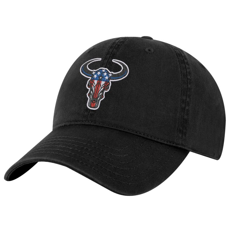 111A-BLK-Black_American_Flag_Bull_Skull_Baseball_Hat American Flag Bull Head Hat with embroidered red white and blue bull head on structured dad cap