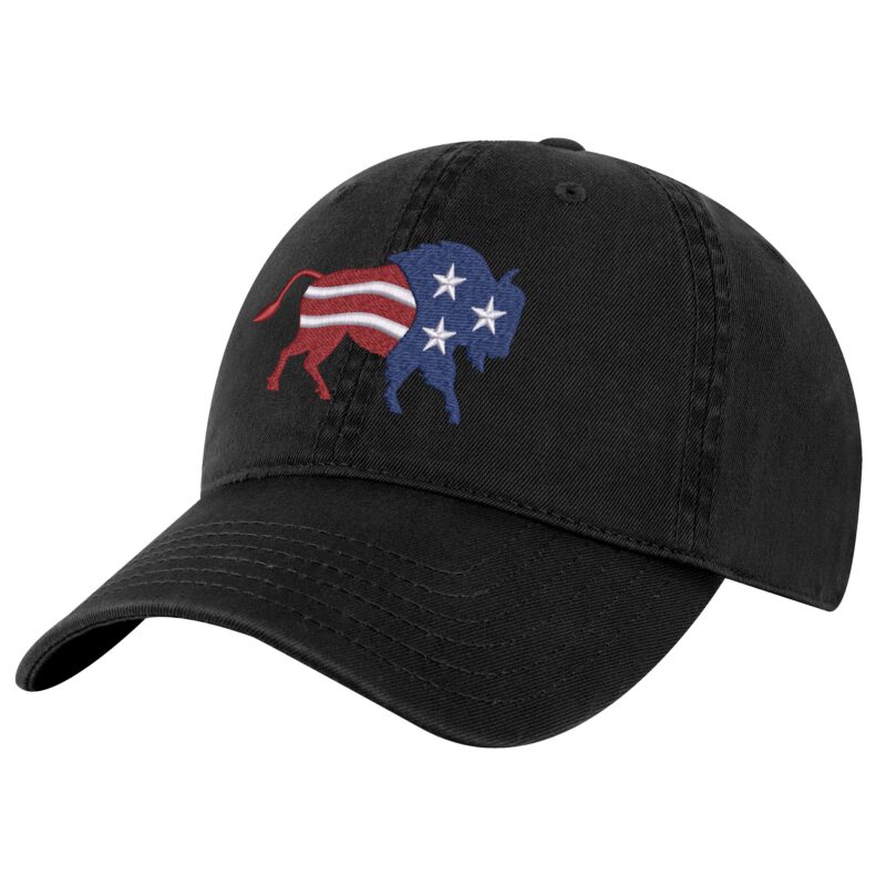 Bison American Flag Baseball Cap - Embroidered Buffalo Design in Patriotic Colors - Adjustable Outdoor Hat