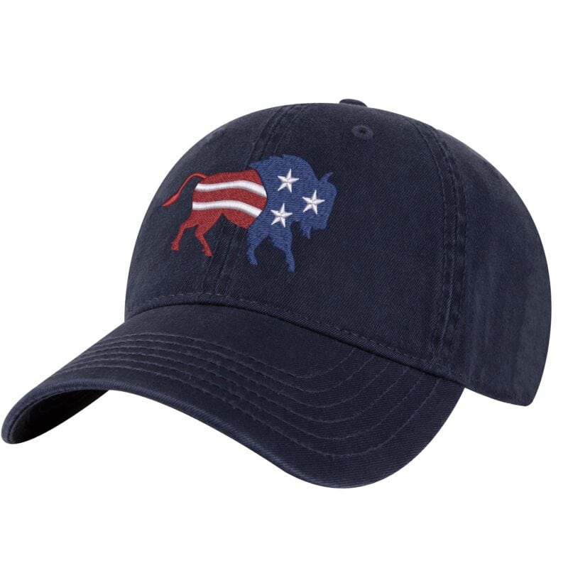 Bison American Flag Baseball Cap - Embroidered Buffalo Design in Patriotic Colors - Adjustable Outdoor Hat