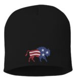 Black beanie with an embroidered bison design featuring the American flag pattern in red, white, and blue.