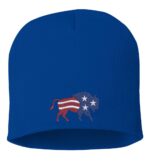 Blue beanie featuring an embroidered design of a bison with American flag stripes and stars, showcasing patriotic style.