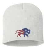 White beanie featuring an embroidered bison design with an American flag pattern, showcasing stars and stripes in red, white, and blue.