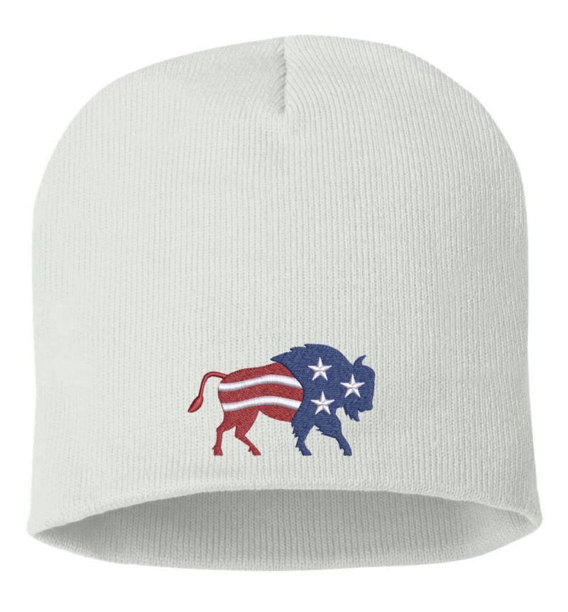 White beanie featuring an embroidered bison design with an American flag pattern, showcasing stars and stripes in red, white, and blue.