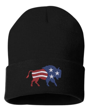 American Flag Bison Beanie with patriotic buffalo embroidery on cuffed winter hat