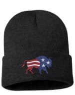 Black cuffed beanie with an embroidered design of a bison featuring the American flag pattern in red, white, and blue.