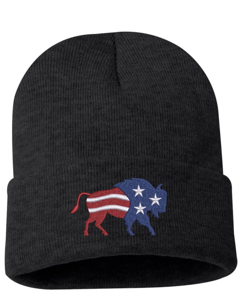 Black cuffed beanie with an embroidered design of a bison featuring the American flag pattern in red, white, and blue.