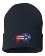 Black cuffed beanie featuring an embroidered bison design with an American flag pattern, showcasing patriotic style.