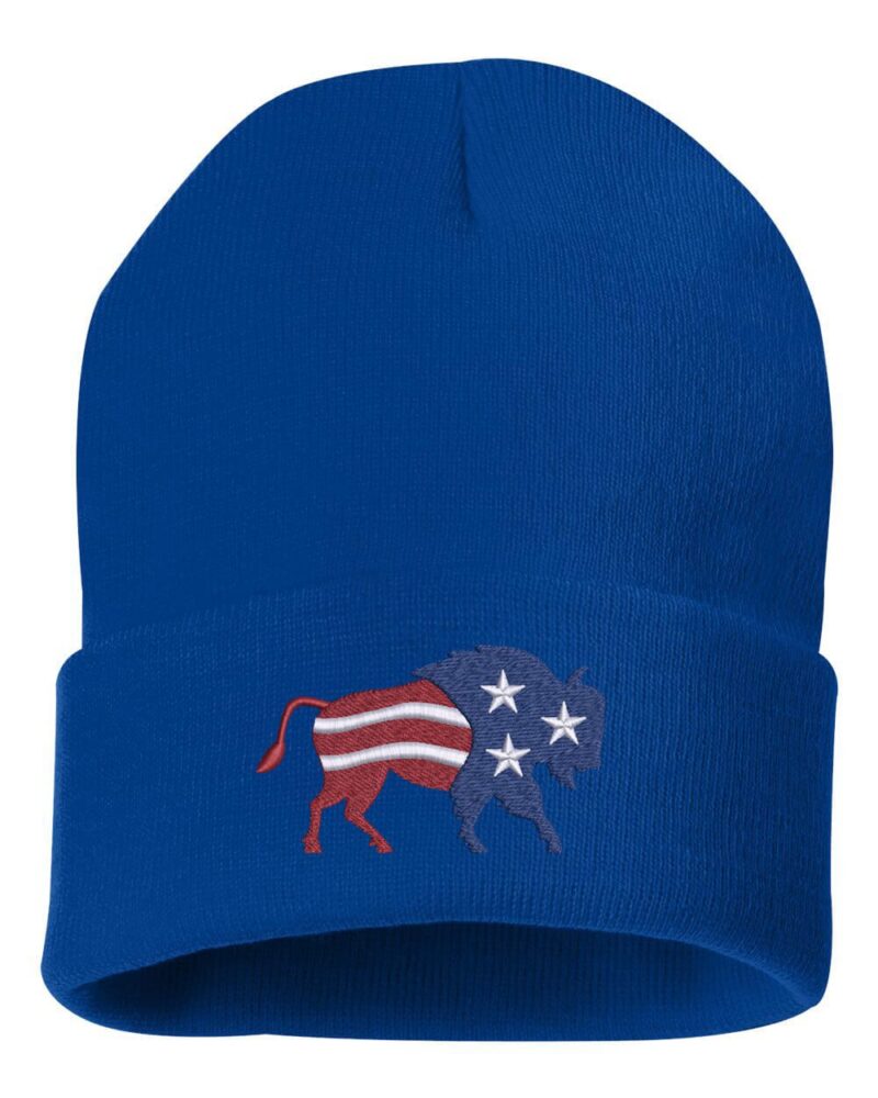 Blue cuffed beanie with embroidered bison featuring an American flag design, combining stars and stripes in a patriotic theme.