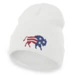 White winter beanie with patriotic buffalo logo in red, white, and blue.