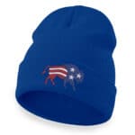 Blue winter beanie with patriotic bison embroidery for American pride.