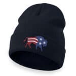 Patriotic bison beanie with American flag design for winter.