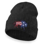 Black beanie with American flag bison embroidery for patriotic winter wear.