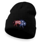 Patriotic bison beanie with American flag design for winter wear.