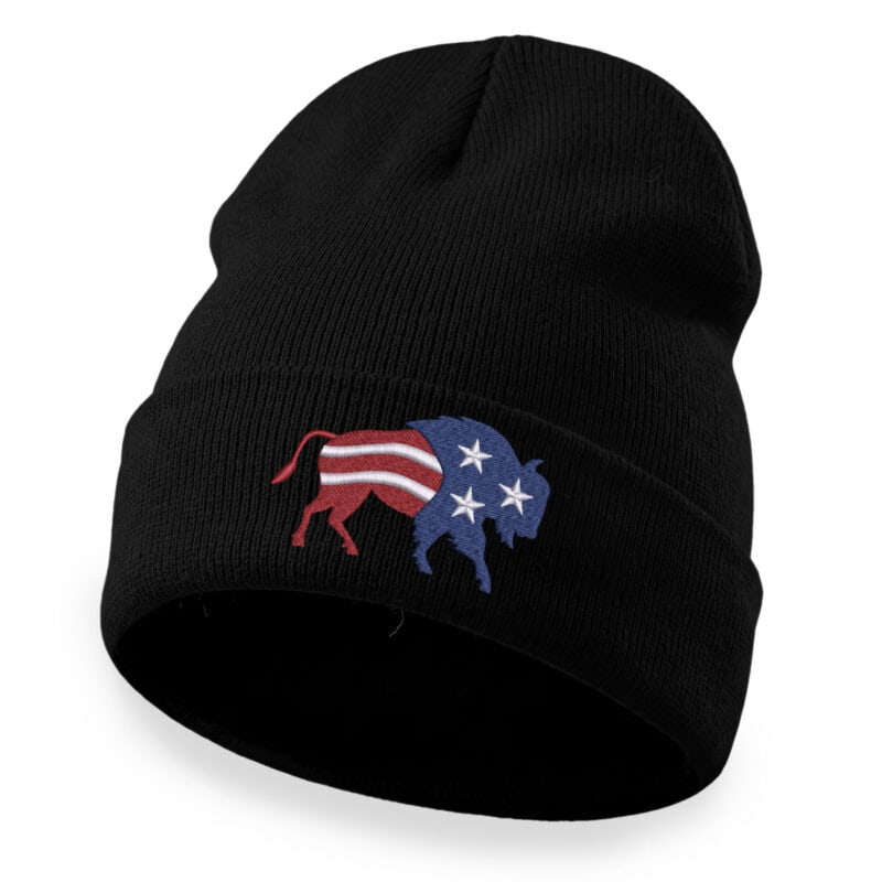 Patriotic bison beanie with American flag design for winter wear.