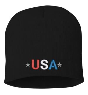 USA embroidered beanie – patriotic knit hat in red white blue design