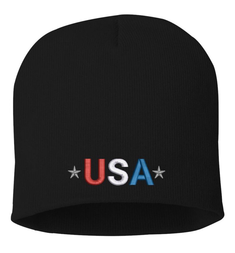 USA embroidered beanie – patriotic knit hat in red white blue design