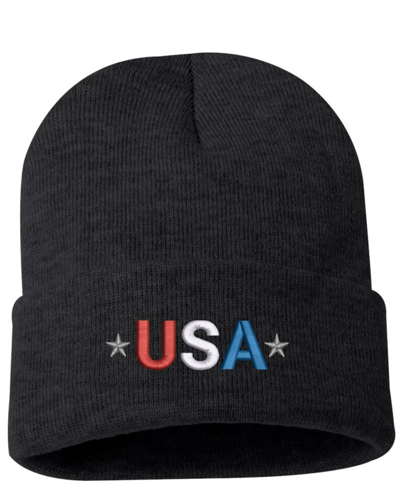 Embroidered USA Patriotic Cuffed Beanie - Black