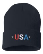 USA beanie with embroidered red, white, and blue USA lettering and stars
