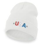White USA beanie with embroidered American flag and stars, winter accessory.