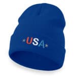 Blue USA beanie with embroidered American flag and stars for patriotic winter wear.