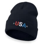 Patriotic black beanie with USA embroidery for winter.