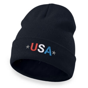 Patriotic black beanie with USA embroidery for winter.