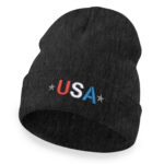 Patriotic USA beanie with embroidered American flag design for winter.